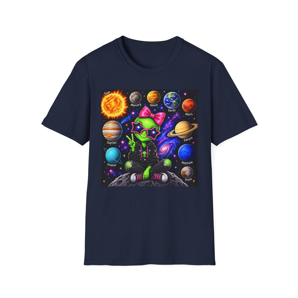 Alien Cat Solar System T-Shirt — Cute Neon Space Kitty with Planets Graphic Tee