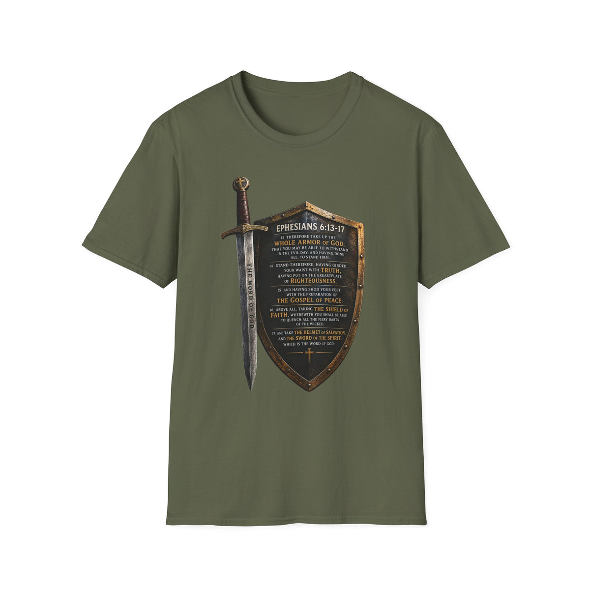 Ephesians 6:10-18 Armor of God Shield and Sword T-Shirt