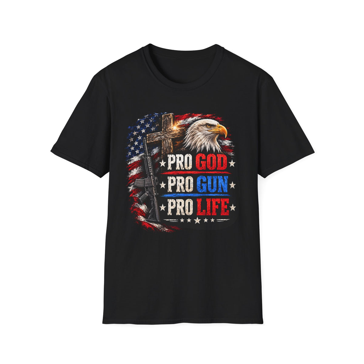 Pro God Pro Gun Pro Life Patriotic T-Shirt — American Eagle Flag Design