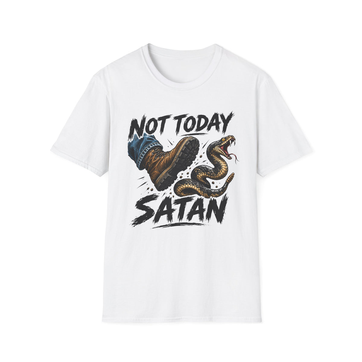 Not Today Satan T-Shirt — Funny Christian Boots & Snake Graphic Tee