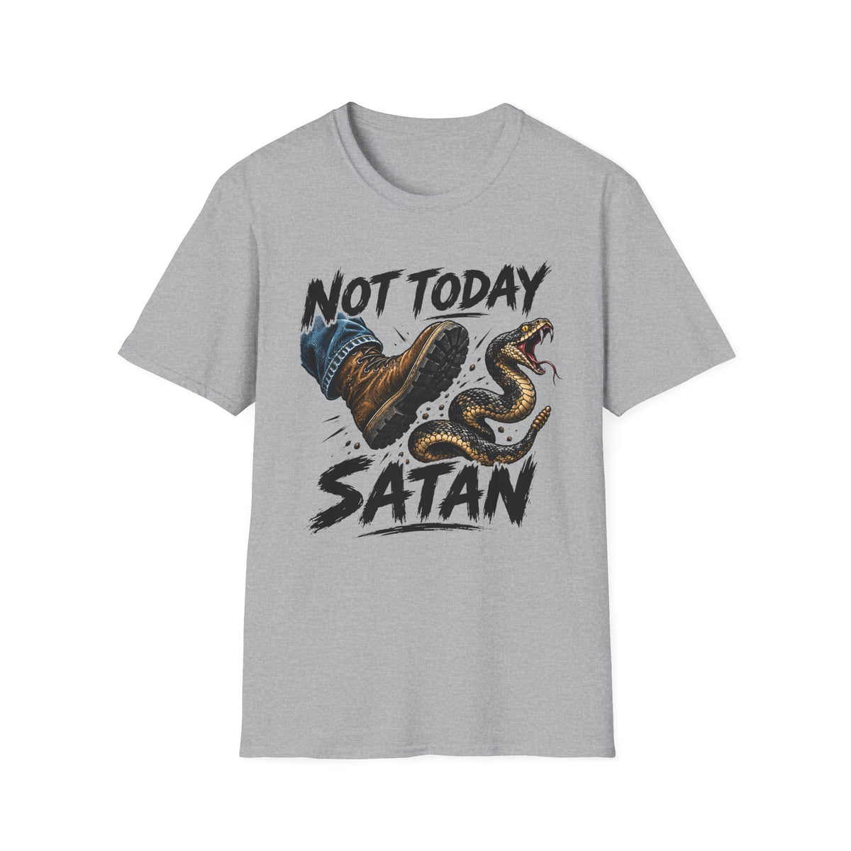 Not Today Satan T-Shirt — Funny Christian Boots & Snake Graphic Tee