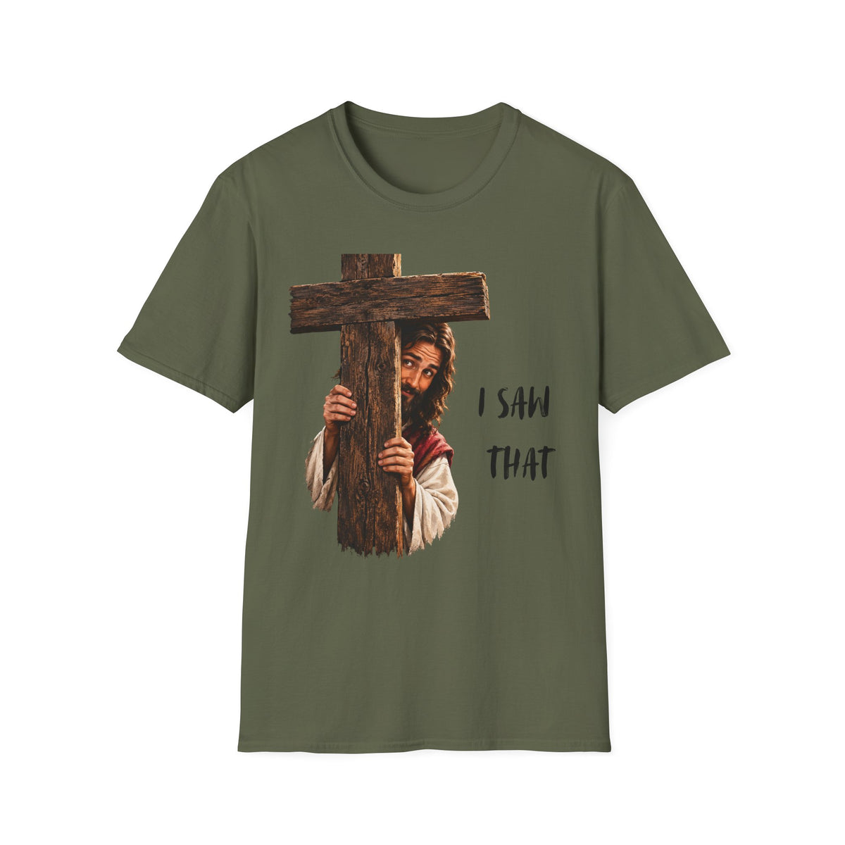 Christian T-Shirt — "I Saw That" Jesus Peeking Behind Cross Faith Graphic Tee
