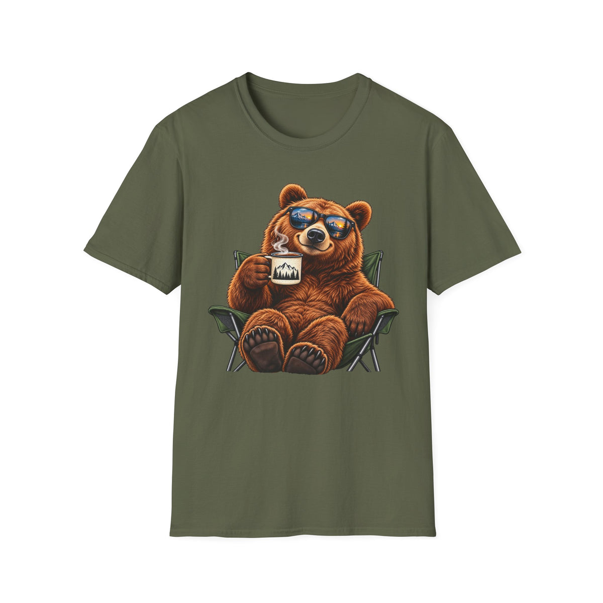 Camping Bear T-Shirt — Relaxing Bear with Mug Graphic