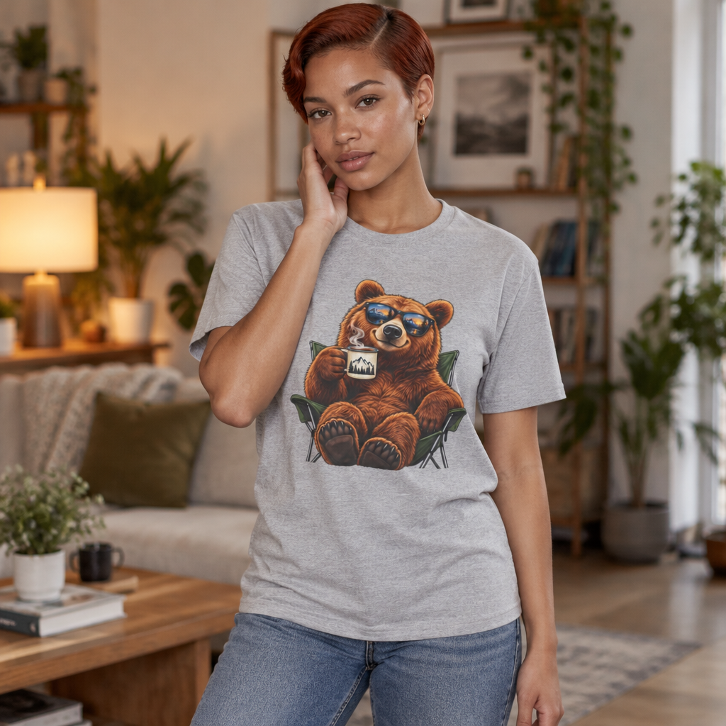 Camping Bear T-Shirt — Relaxing Bear with Mug Graphic