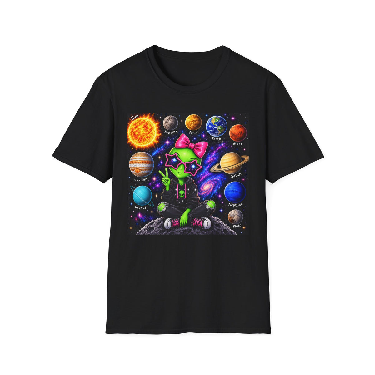 Alien Cat Solar System T-Shirt — Cute Neon Space Kitty with Planets Graphic Tee