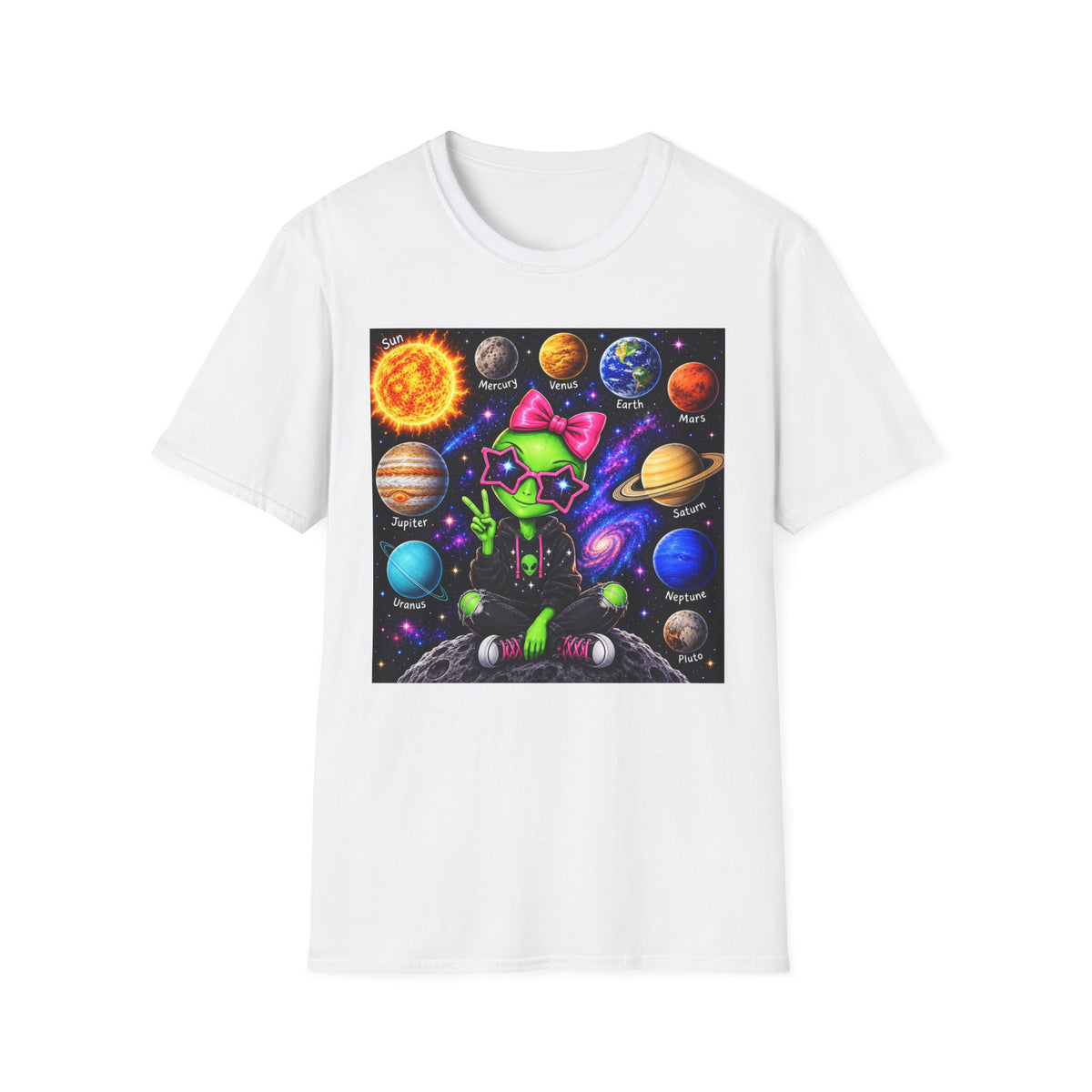 Alien Cat Solar System T-Shirt — Cute Neon Space Kitty with Planets Graphic Tee