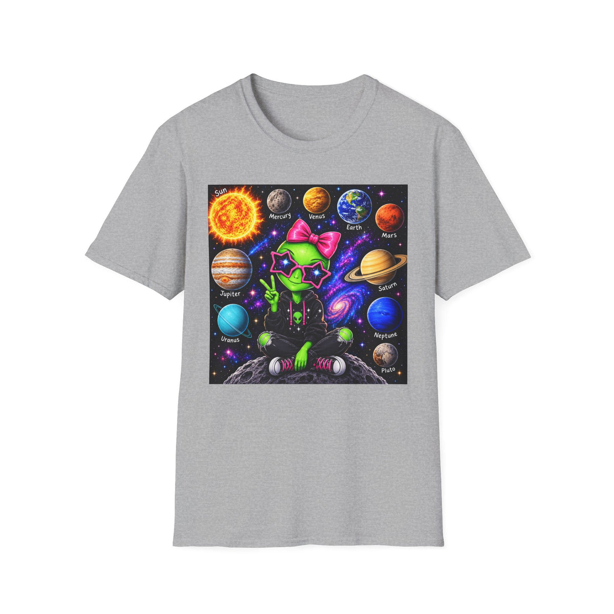 Alien Cat Solar System T-Shirt — Cute Neon Space Kitty with Planets Graphic Tee