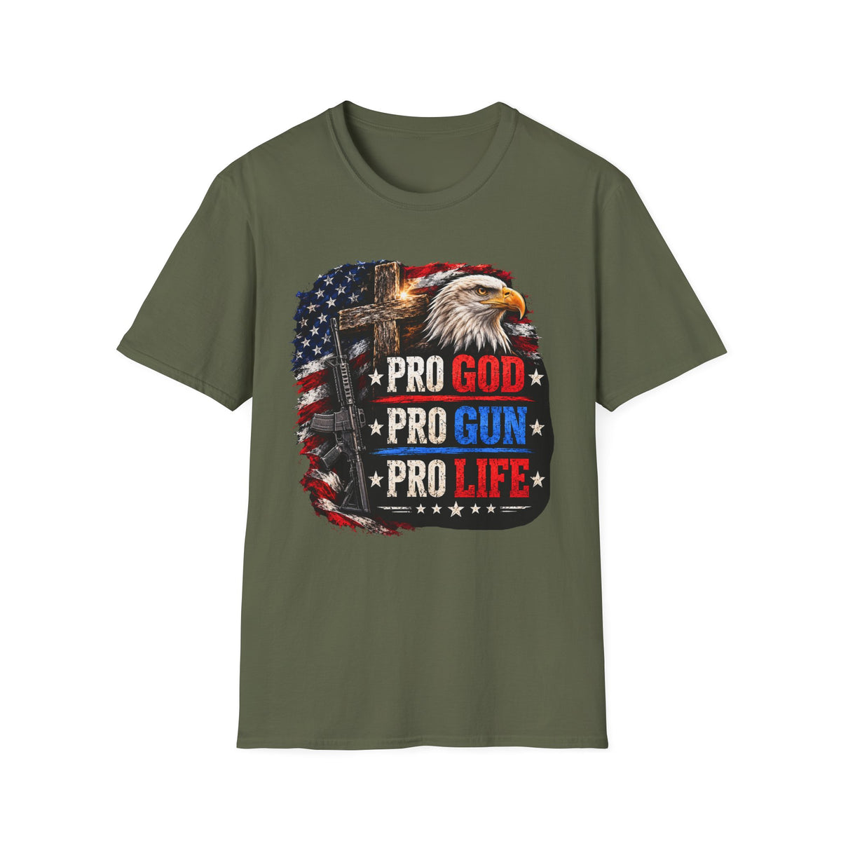 Pro God Pro Gun Pro Life Patriotic T-Shirt — American Eagle Flag Design
