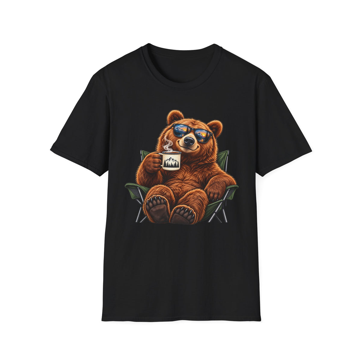 Camping Bear T-Shirt — Relaxing Bear with Mug Graphic