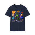 Alien Solar System T-Shirt — Neon Space Alien with Planets Graphic Tee