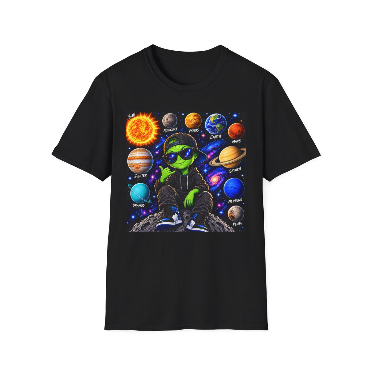 Alien Solar System T-Shirt — Neon Space Alien with Planets Graphic Tee