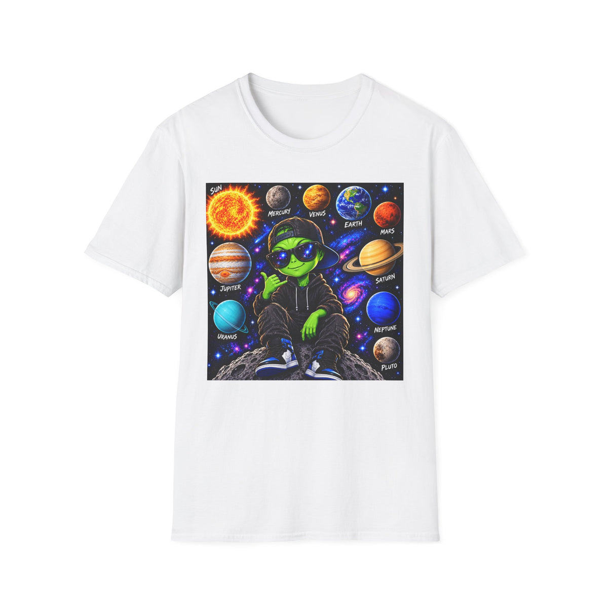 Alien Solar System T-Shirt — Neon Space Alien with Planets Graphic Tee