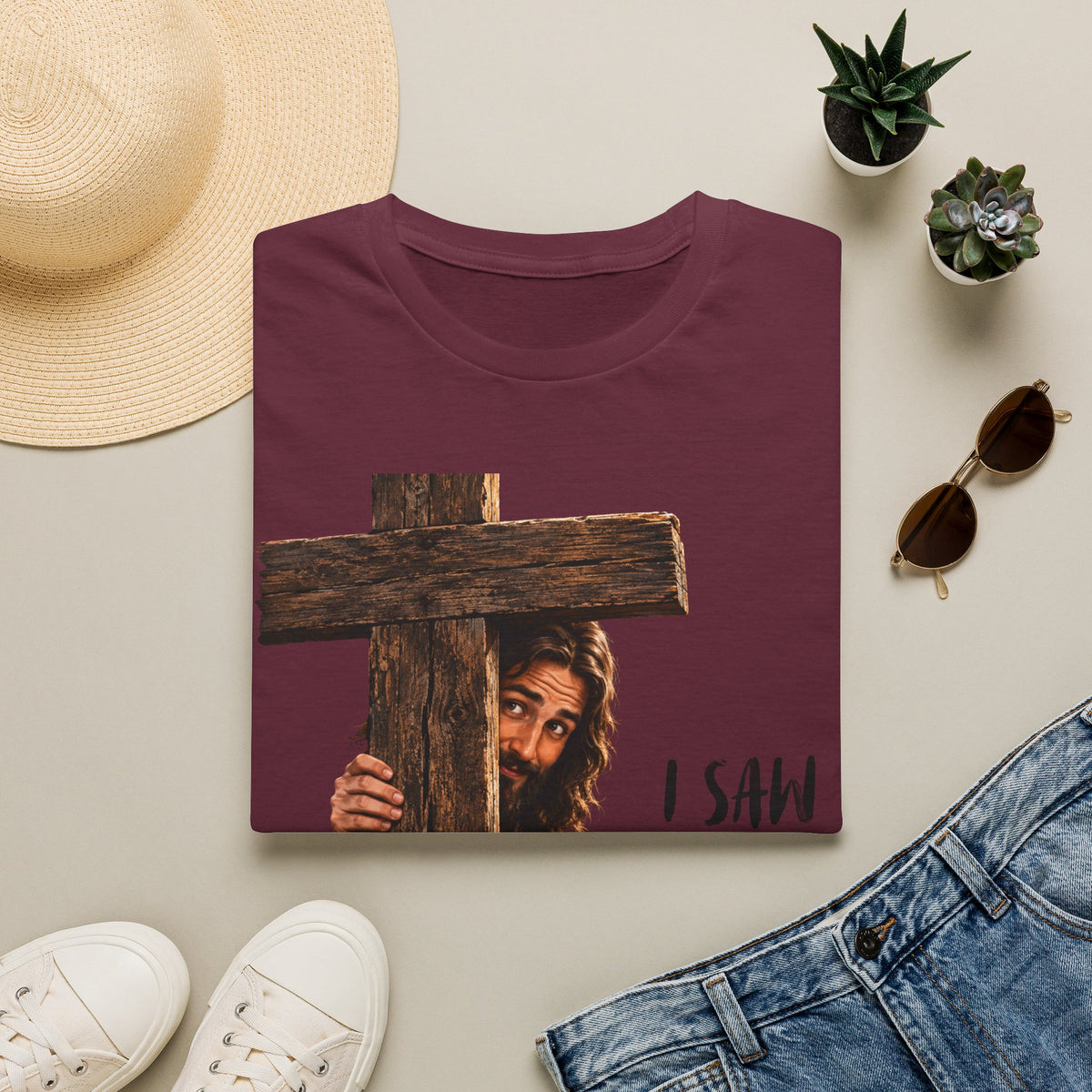 Christian T-Shirt — "I Saw That" Jesus Peeking Behind Cross Faith Graphic Tee