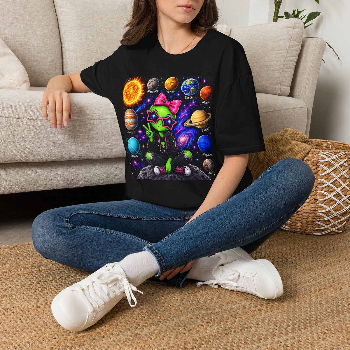 Alien Cat Solar System T-Shirt — Cute Neon Space Kitty with Planets Graphic Tee
