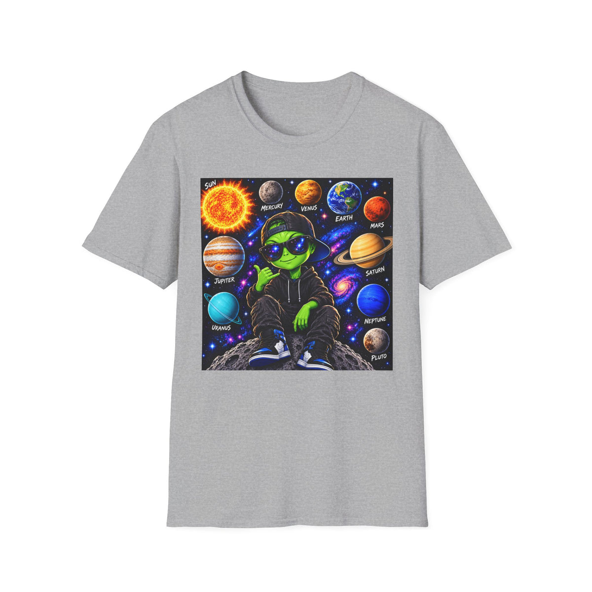 Alien Solar System T-Shirt — Neon Space Alien with Planets Graphic Tee
