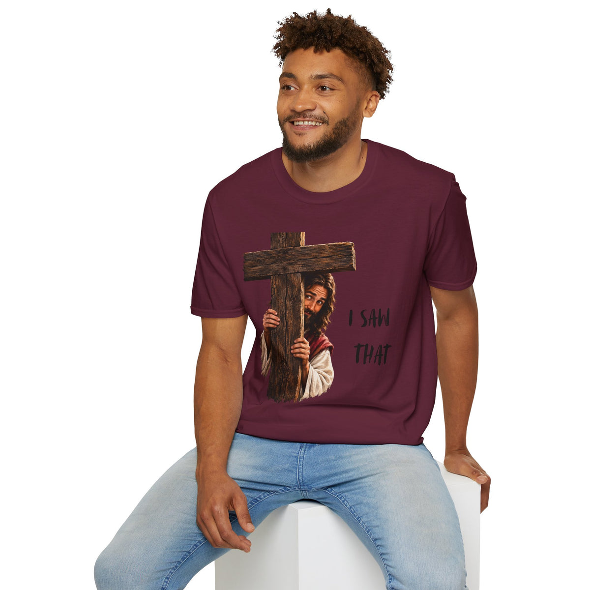 Christian T-Shirt — "I Saw That" Jesus Peeking Behind Cross Faith Graphic Tee