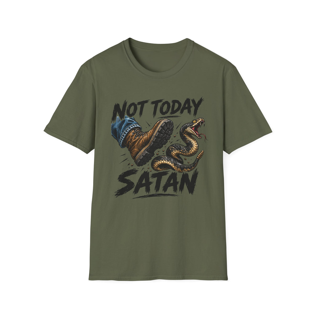 Not Today Satan T-Shirt — Funny Christian Boots & Snake Graphic Tee