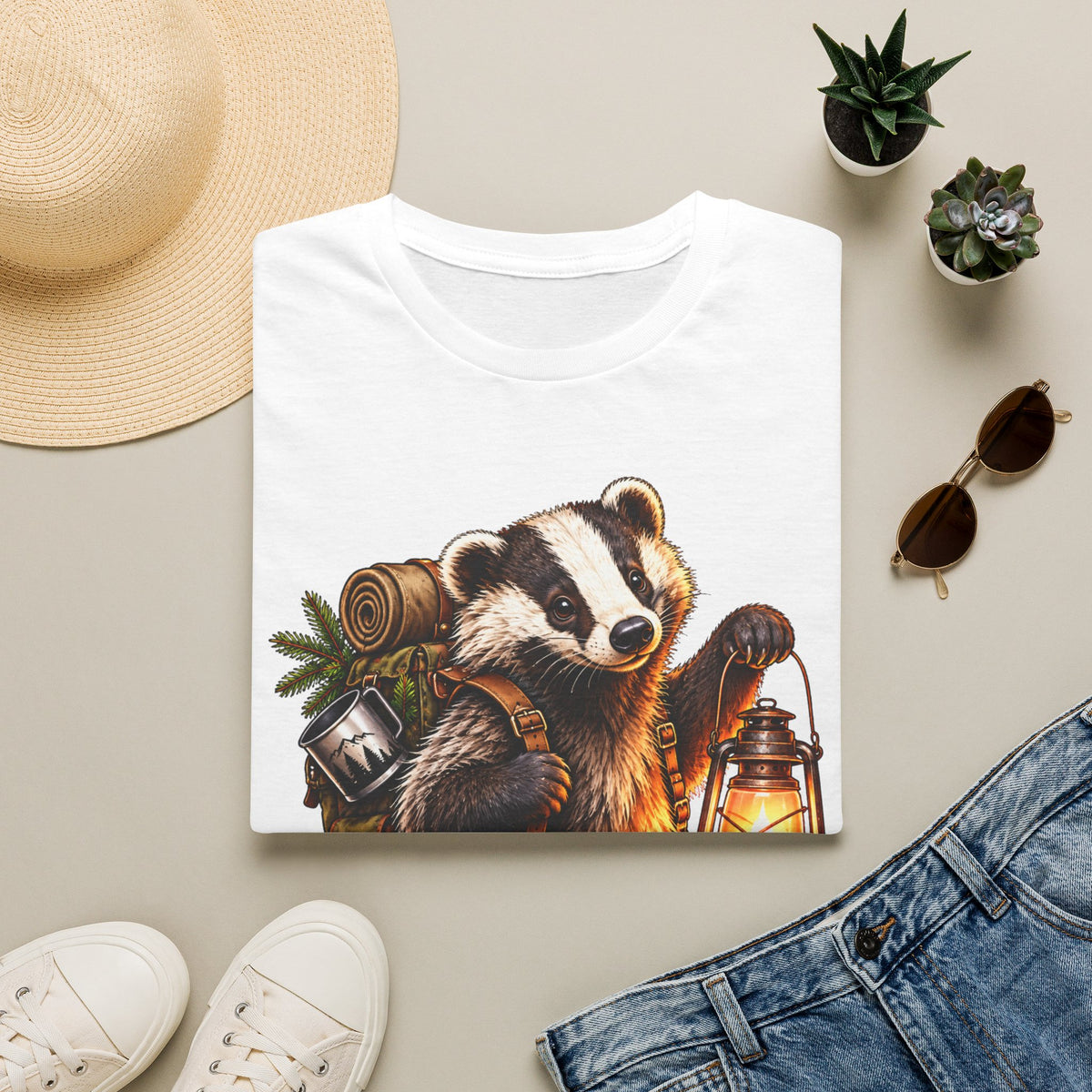 Badger Lantern T-Shirt — Cute Hiking Animal Tee for Nature Lovers