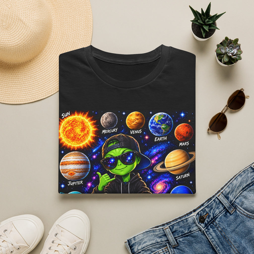 Alien Solar System T-Shirt — Neon Space Alien with Planets Graphic Tee