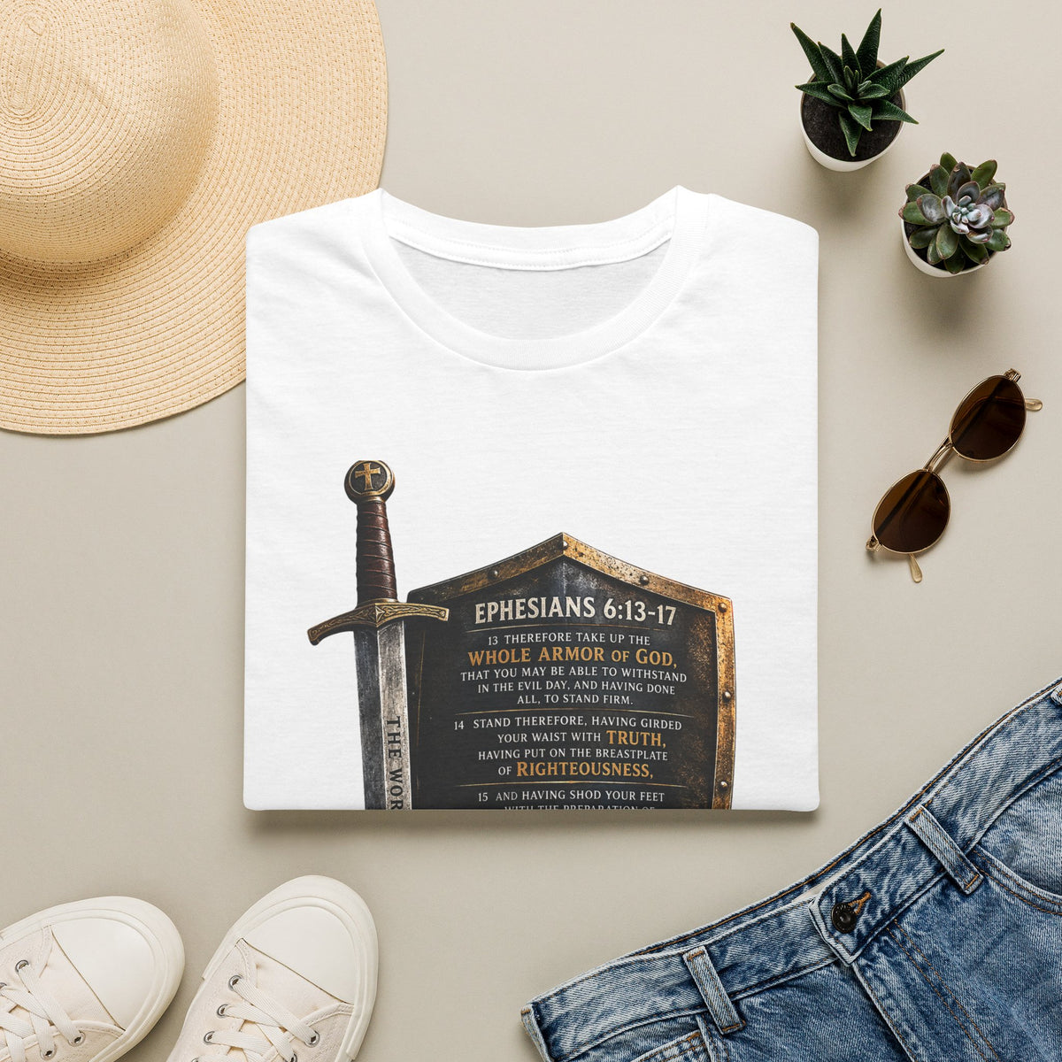 Ephesians 6:10-18 Armor of God Shield and Sword T-Shirt
