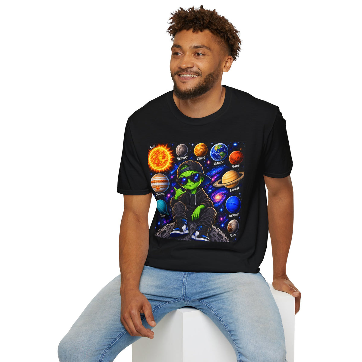 Alien Solar System T-Shirt — Neon Space Alien with Planets Graphic Tee