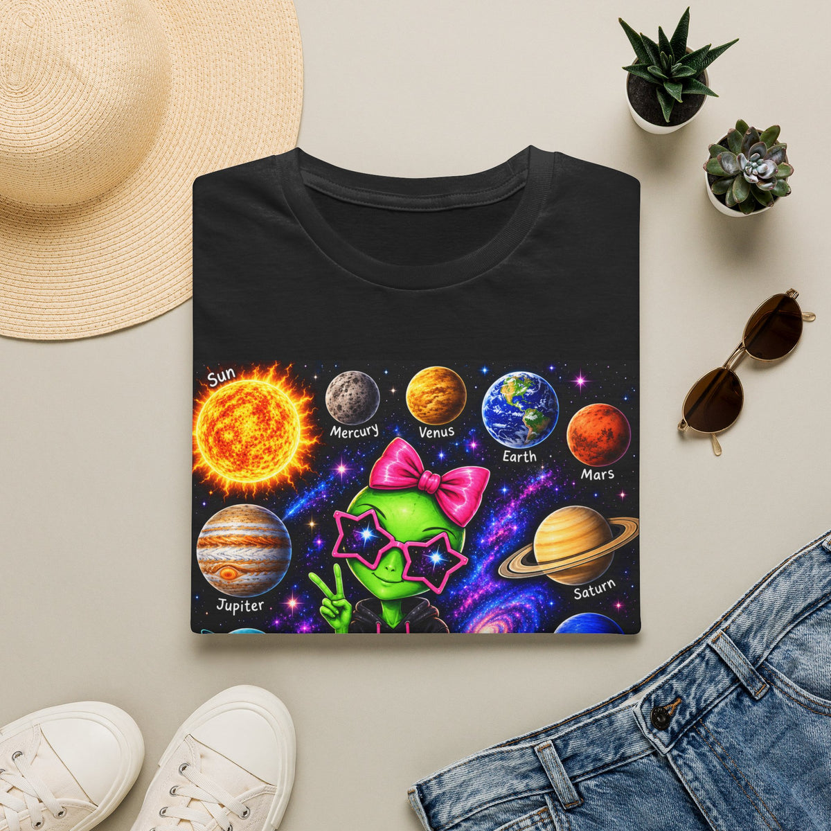 Alien Cat Solar System T-Shirt — Cute Neon Space Kitty with Planets Graphic Tee